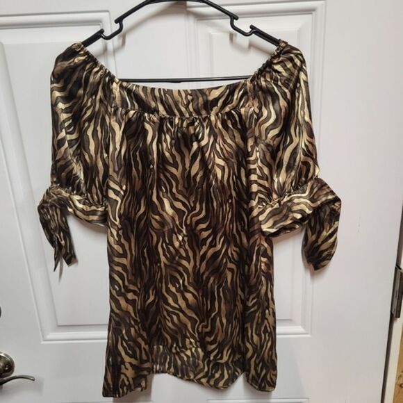 Allison Taylor Top Women's Brown Zebra Striped Short Tie Sleeve Blouse Top Small - Picture 3 of 8